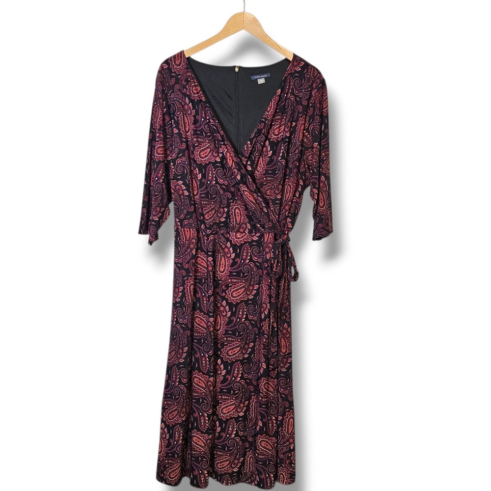 Tommy Hilfiger Faux Wrap Dress 20W Burgundy Paisley Midi Dark Moody Office Fall